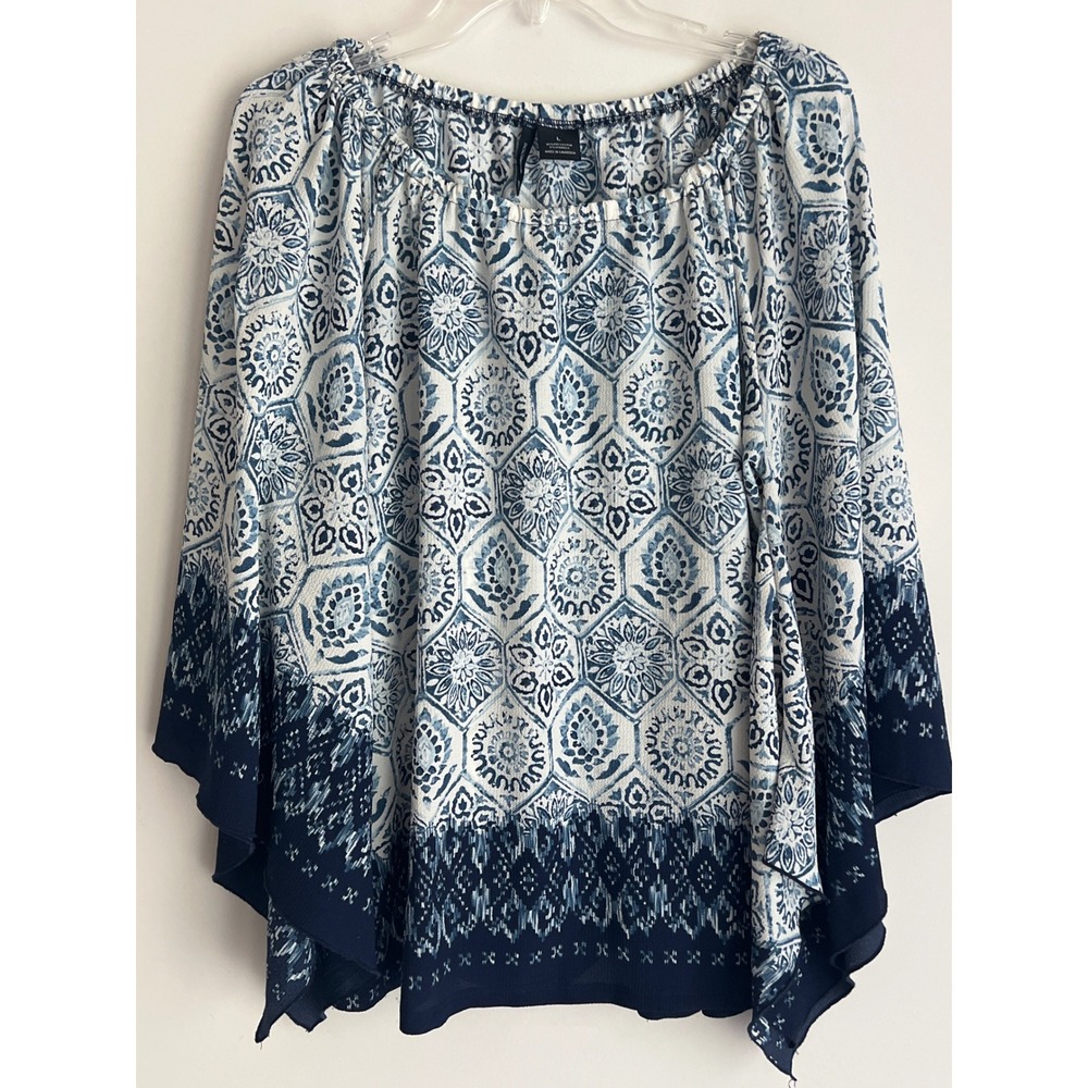 New‎ Directions Blue White Geometric Tile Print Bell Sleeve Blouse Large Boho